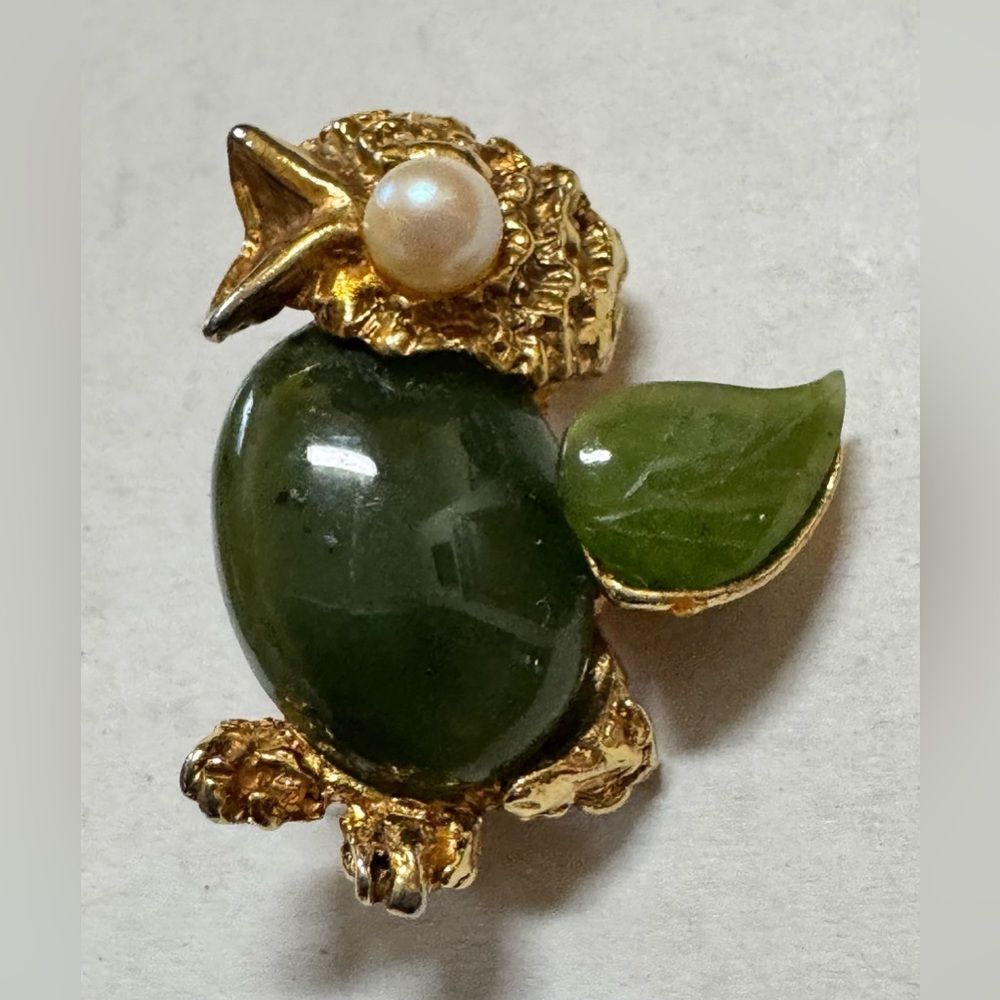 Swoboda Jade Bird Brooch with Pearl Accent